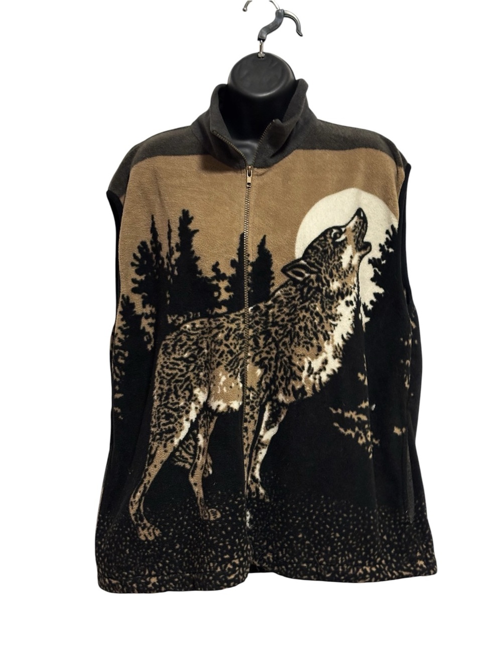 Vintage Men's Zip-Front Fleece Vest with Wolf Graphic - Black & Brown